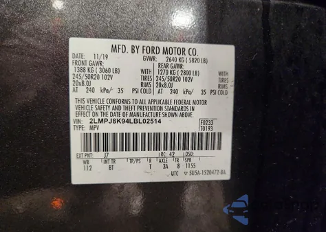 2020 Lincoln Nautilus Reserve from USA, damaged, VIN 2LMPJ8K94LBL02514